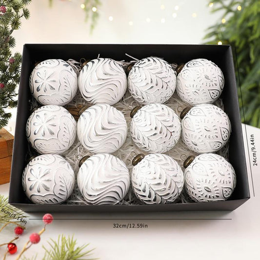 Vintage white Christmas ball ornaments with embossed snowflake designs, 12-piece set