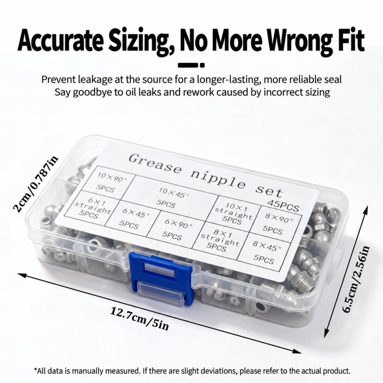 Metric grease nipple set in clear plastic case with blue latch and assorted fittings