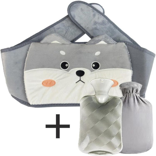 Gray plush hot water bag waist warmer with bear face design, ribbed bottle and pouch