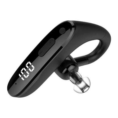 Black behind-the-ear hearing aid earphone with digital display and silicone ear hook