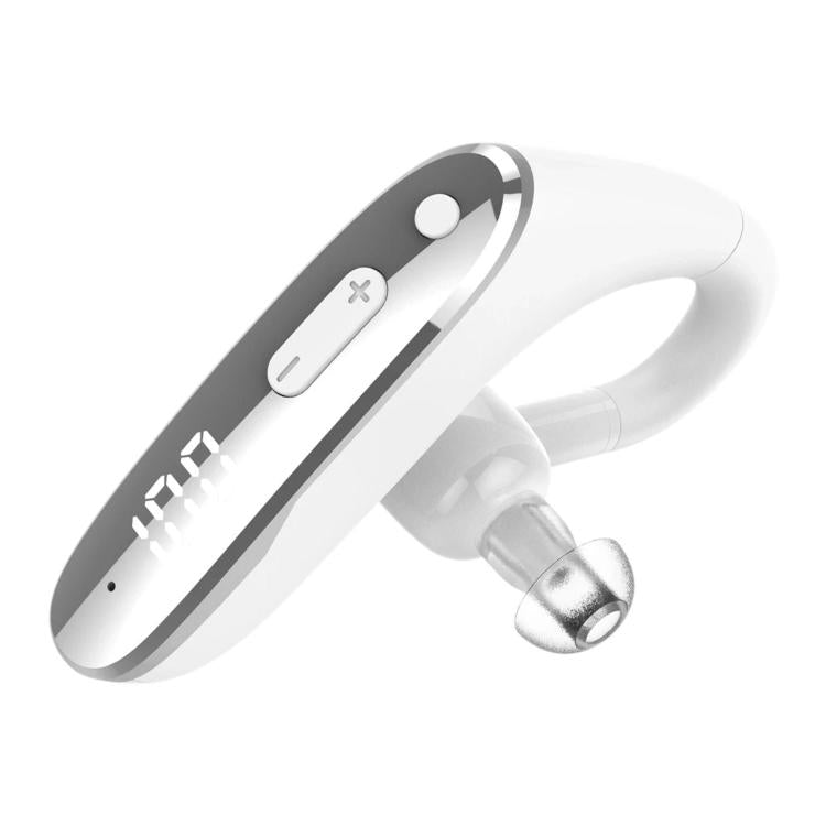 White behind-the-ear hearing aid earphone with digital display and silicone ear hook