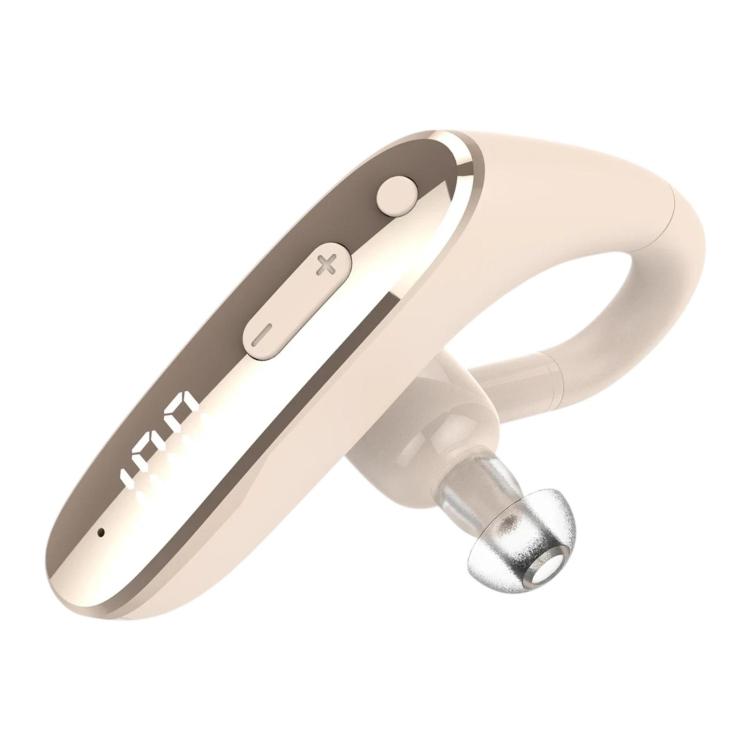 Beige behind-the-ear hearing aid earphone with digital display and silicone ear hook