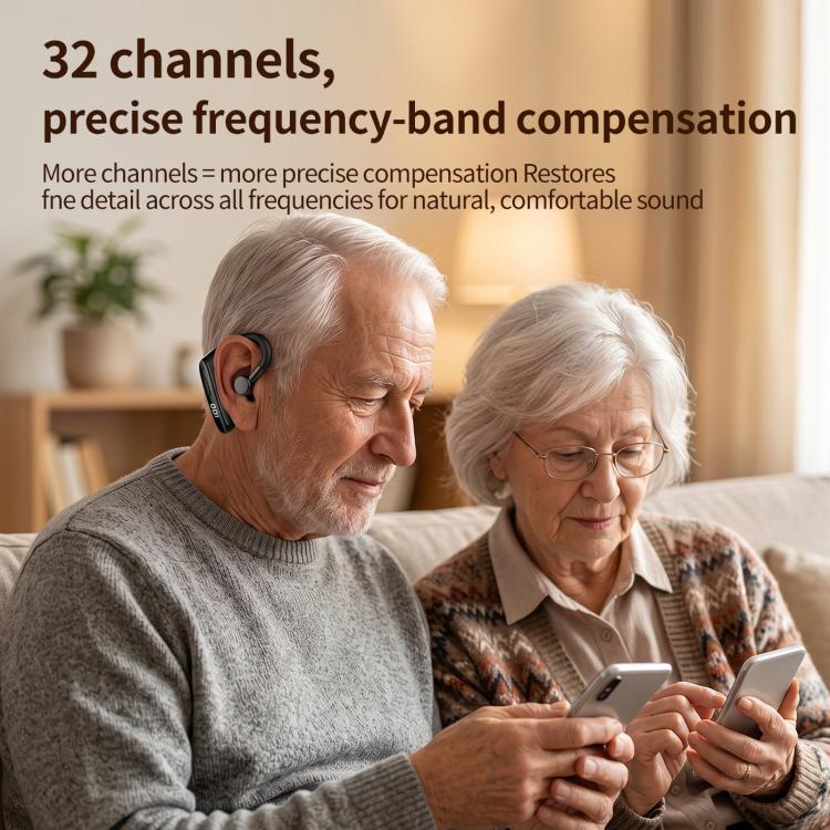 Digital hearing aid earphones worn by two seniors, one on each ear