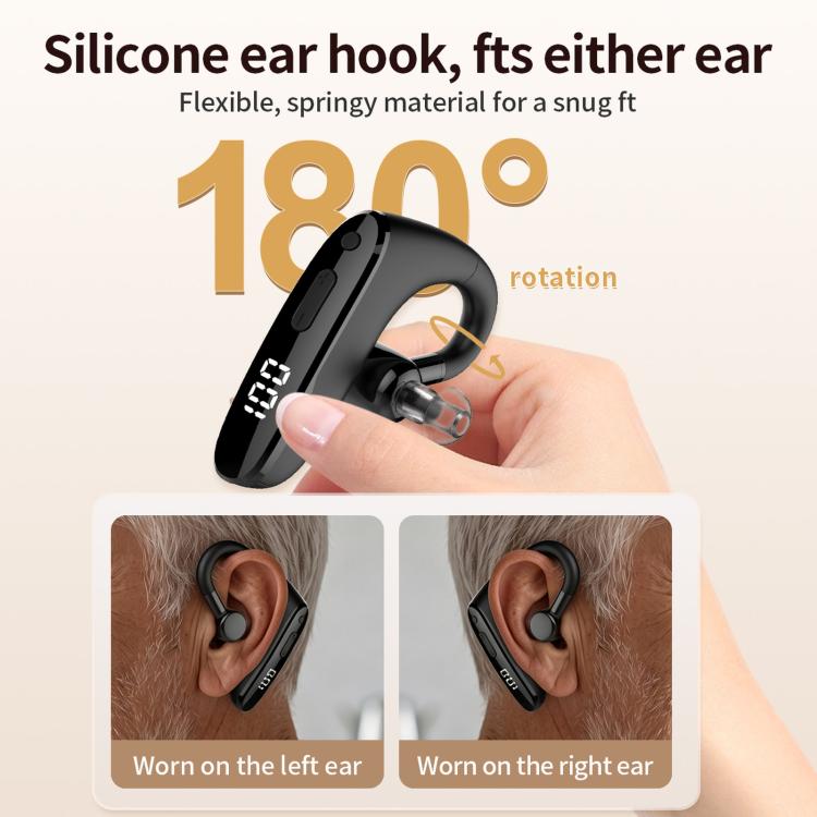 Black hearing aid earphone with flexible silicone ear hook and digital LED display