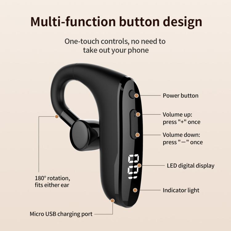 Black hearing aid earphone with buttons, LED digital display, and charging port