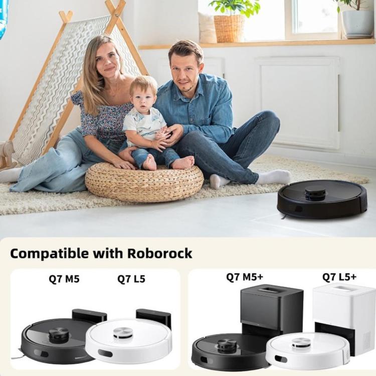 Robot vacuums in black and white with charging dock, compatible replacement parts kit