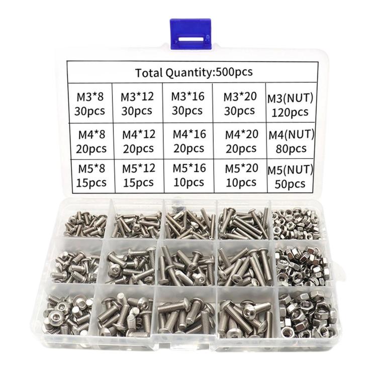 Stainless steel button head socket cap screw and hex nut assortment kit in clear box