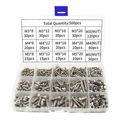 Stainless steel button head socket cap screw and hex nut assortment kit in clear box