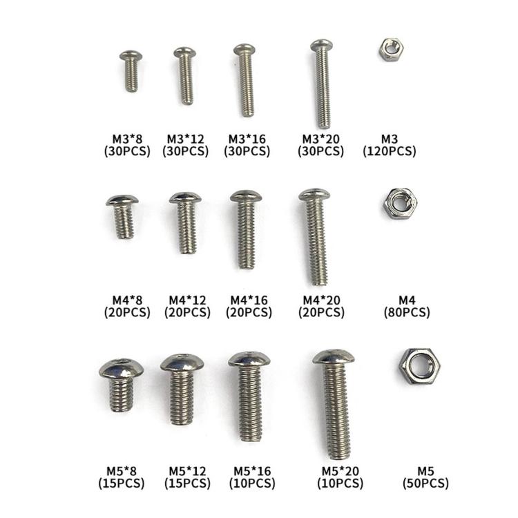 Stainless steel button head socket cap screws with hex nuts assortment, sizes shown