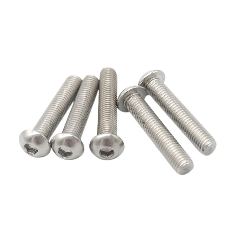 Stainless steel button head socket cap screws, close-up with hex drive heads