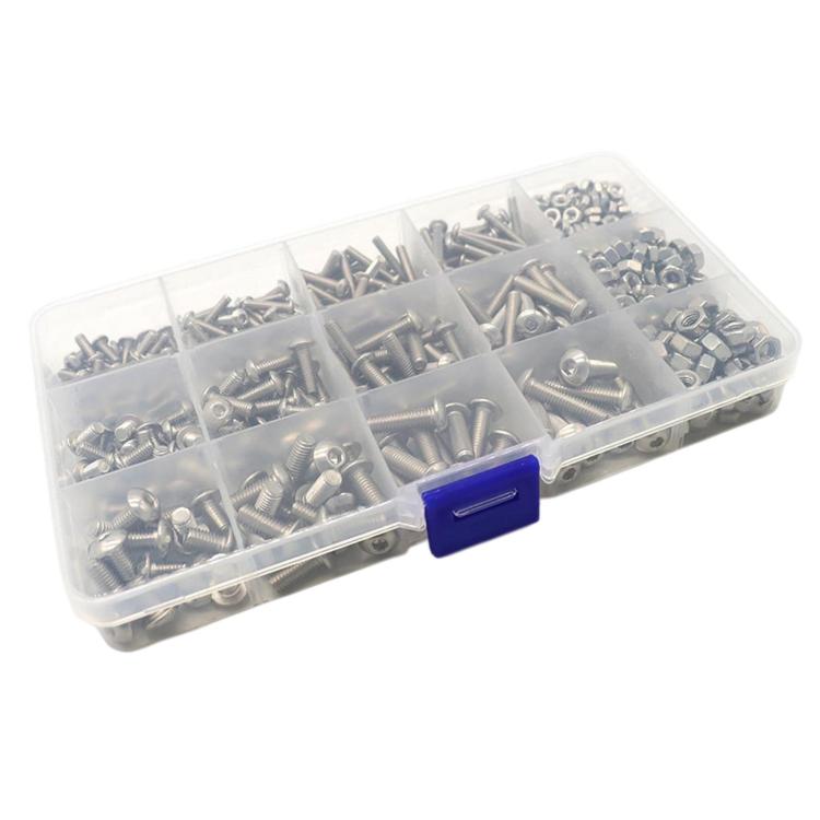 Stainless steel screw and hex nut assortment kit in clear plastic organizer case