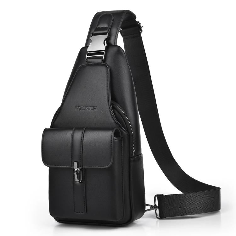 Men’s black PU leather sling bag with front flap and adjustable crossbody strap