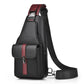 Men’s black PU sling bag with red accent stripe, front flap and crossbody strap