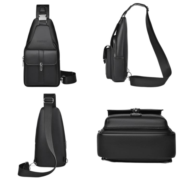 Men’s black PU leather sling bag with front zip pocket and adjustable strap