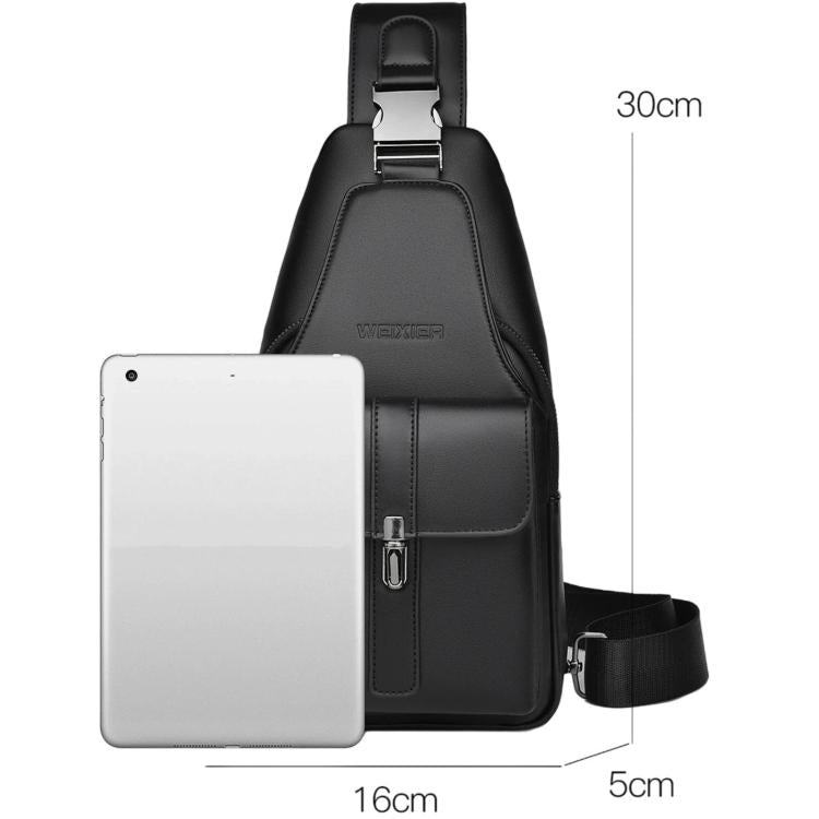 Men’s black PU leather sling bag with front flap pocket holding a phone