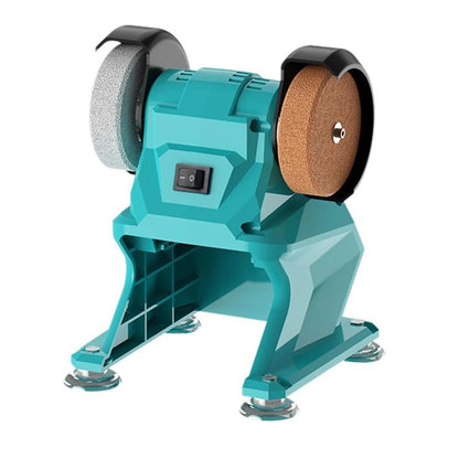 Blue small bench grinder with two abrasive wheels and black safety guards