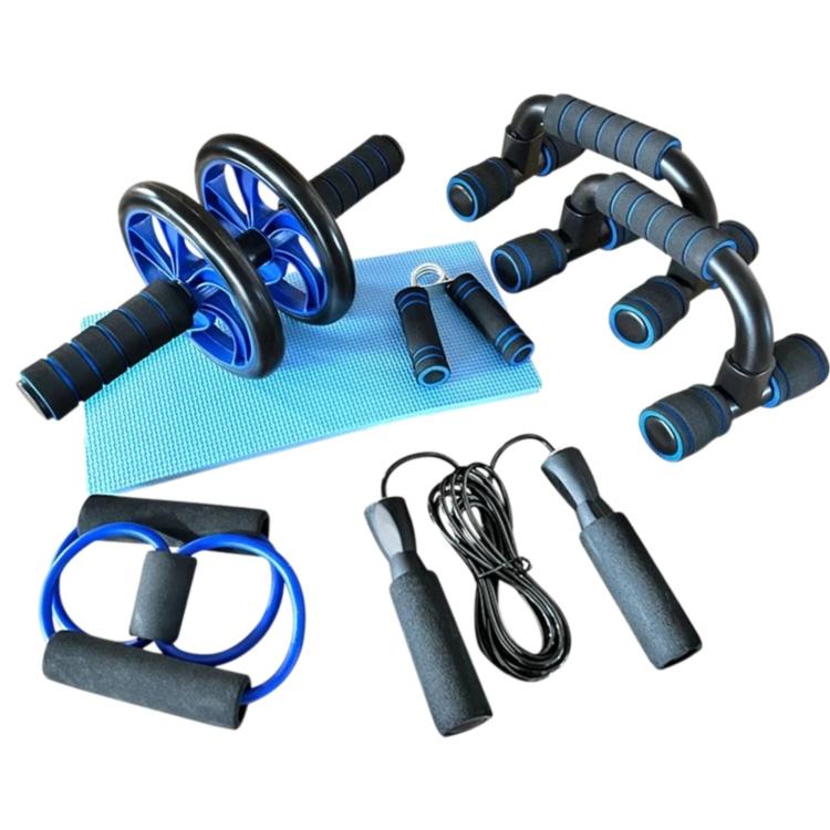 Blue dual-wheel ab roller with push-up stand, mat, handles, rope, and resistance band