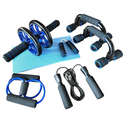 Blue dual-wheel ab roller with push-up stand, mat, handles, rope, and resistance band