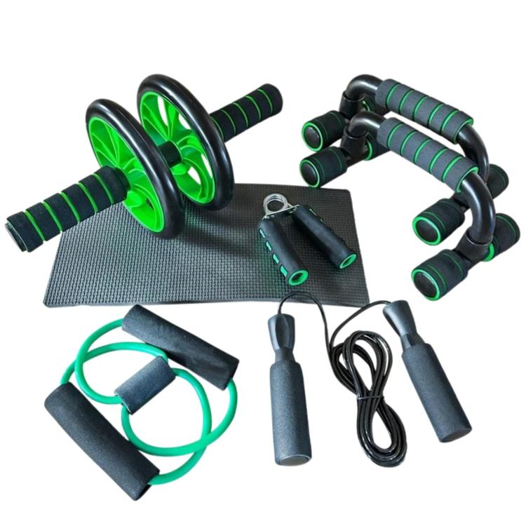 Green dual-wheel ab roller with push-up stand, mat, handles, rope, and resistance band