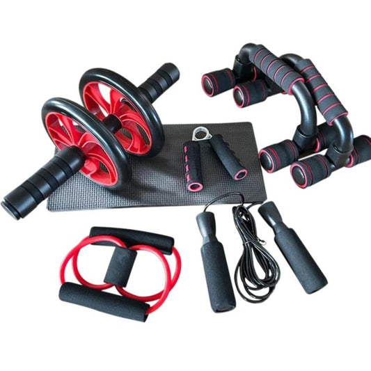 Red dual-wheel ab roller with push-up stand, mat, handles, rope, and resistance band