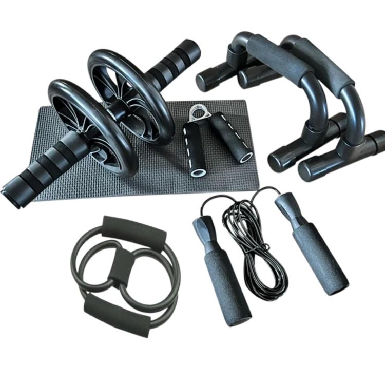 Black dual-wheel ab roller with push-up stand, mat, handles, rope, and resistance band