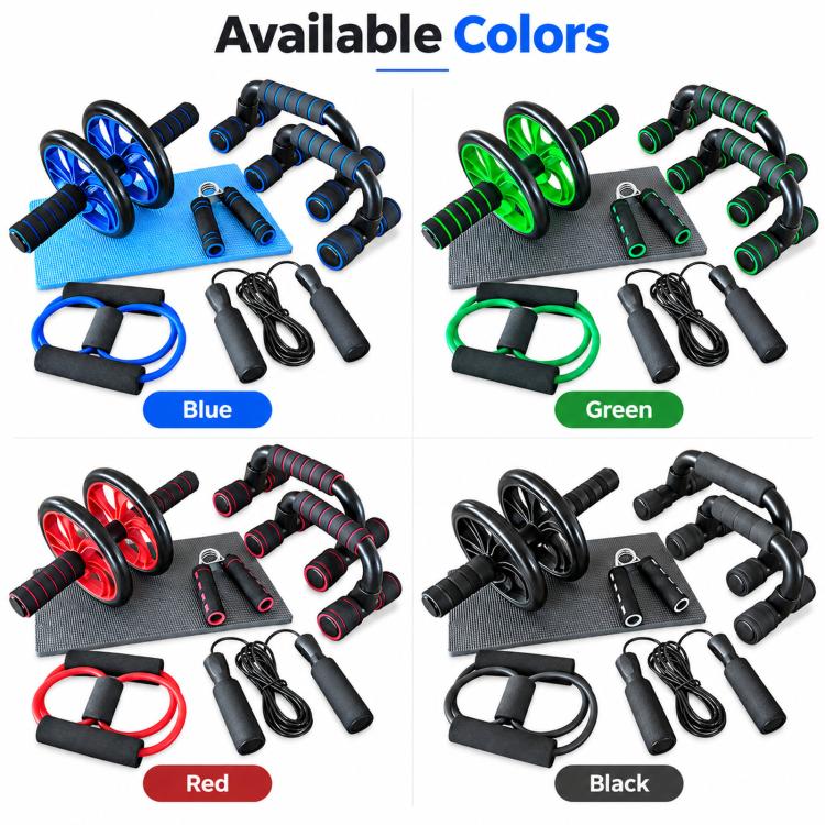 Ab wheel and push-up stand combo color options in blue, green, red, and black