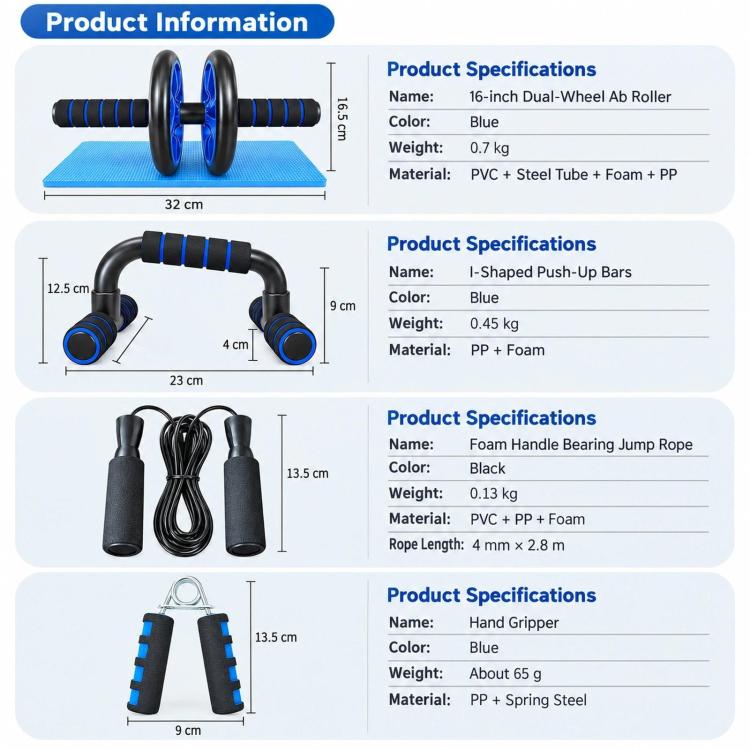 Training equipment product information graphic showing roller, push-up stand, and jump rope