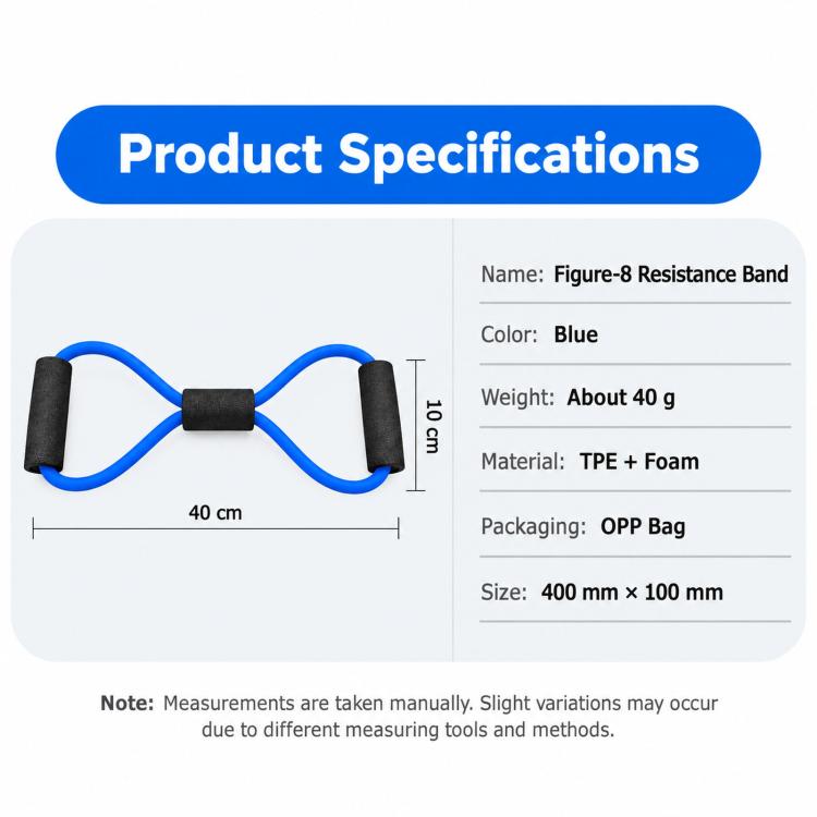 Figure-8 resistance band product specifications panel with blue band and handle grips