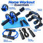 Home workout essentials kit featuring dual-wheel ab roller, push-up stand, and resistance band