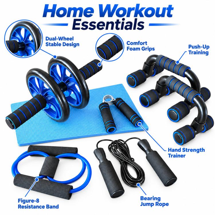 Home workout essentials kit featuring dual-wheel ab roller, push-up stand, and resistance band