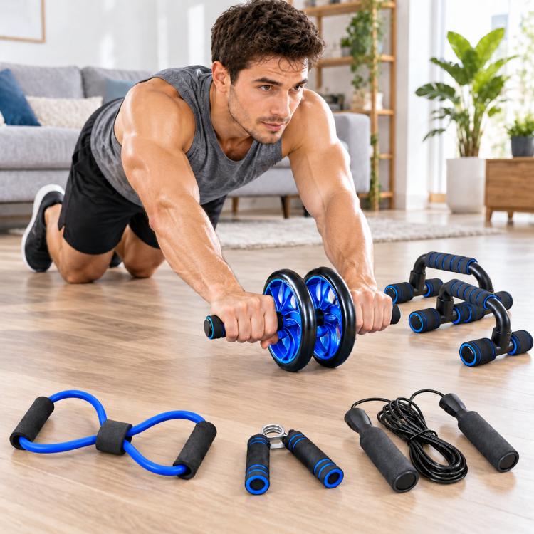 Man kneeling and using a blue dual-wheel ab roller during home workout