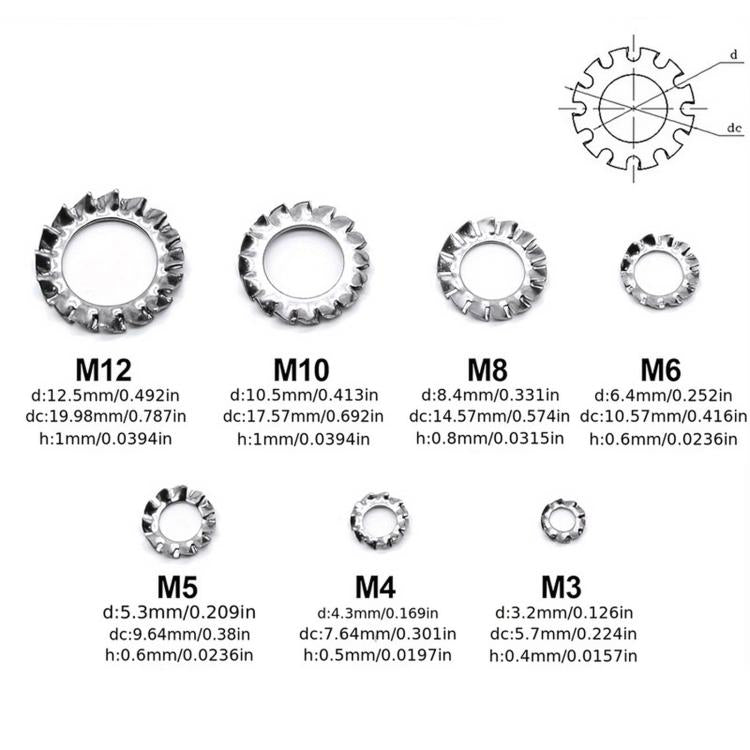 External tooth lock washers size chart showing M12 to M3, stainless steel