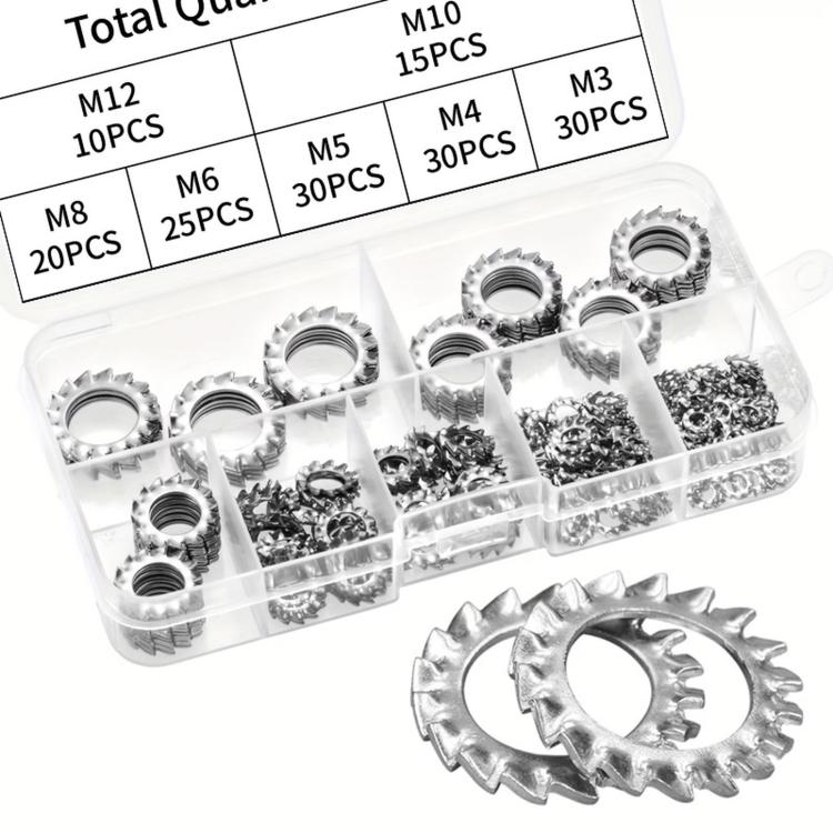 Plastic organizer holding stainless steel external tooth lock washers, mixed sizes