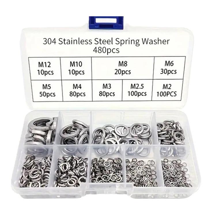 Stainless steel spring split lock washer kit, 480-piece metric assortment (M2–M12)