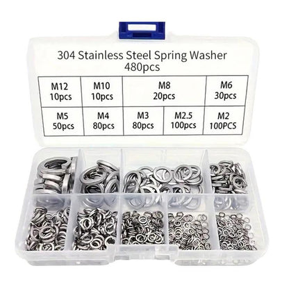 Stainless steel spring split lock washer kit, 480-piece metric assortment (M2–M12)