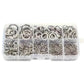 Clear organizer box with assorted stainless spring split lock washers, multiple sizes
