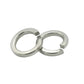 Stainless steel split lock washers with circular spring gaps, silver finish