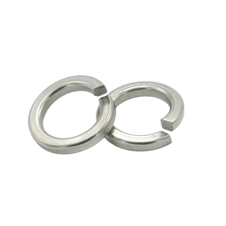 Stainless steel split lock washers with circular spring gaps, silver finish