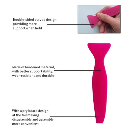 Pink double-ended curved pry tool for separating door panels