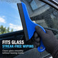 Blue tint squeegee with black grip held against a glass surface