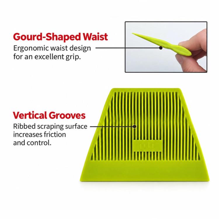 Green window tinting squeegee with ribbed grooves and ergonomic hand-grip waist.