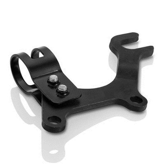 Bicycle disc brake mounting bracket with curved clamp, black metal and two bolts