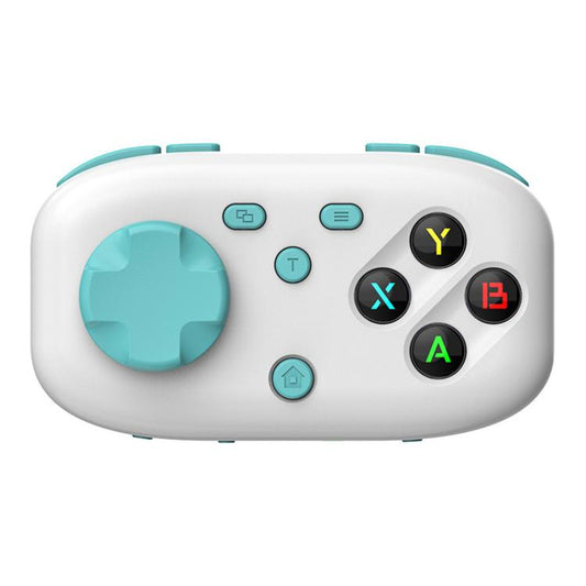 White mini pocket Bluetooth game controller with turquoise buttons and analog sticks