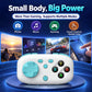 White mini pocket Bluetooth game controller with turquoise controls and ABXY-style buttons