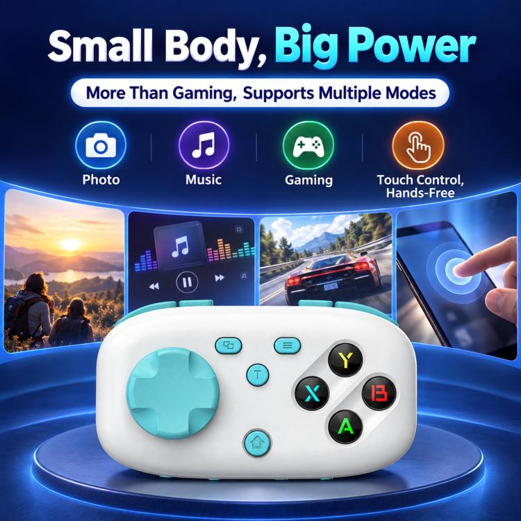 White mini pocket Bluetooth game controller with turquoise controls and ABXY-style buttons