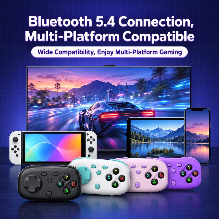 Bluetooth mini wireless gamepads in black, white, teal, and purple