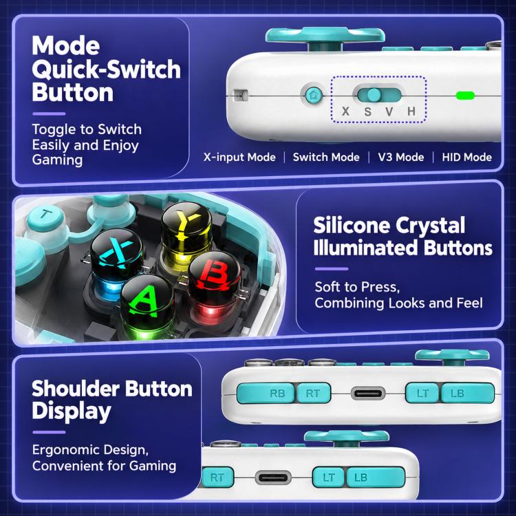 White Bluetooth mini controller showing mode switch and illuminated silicone crystal buttons