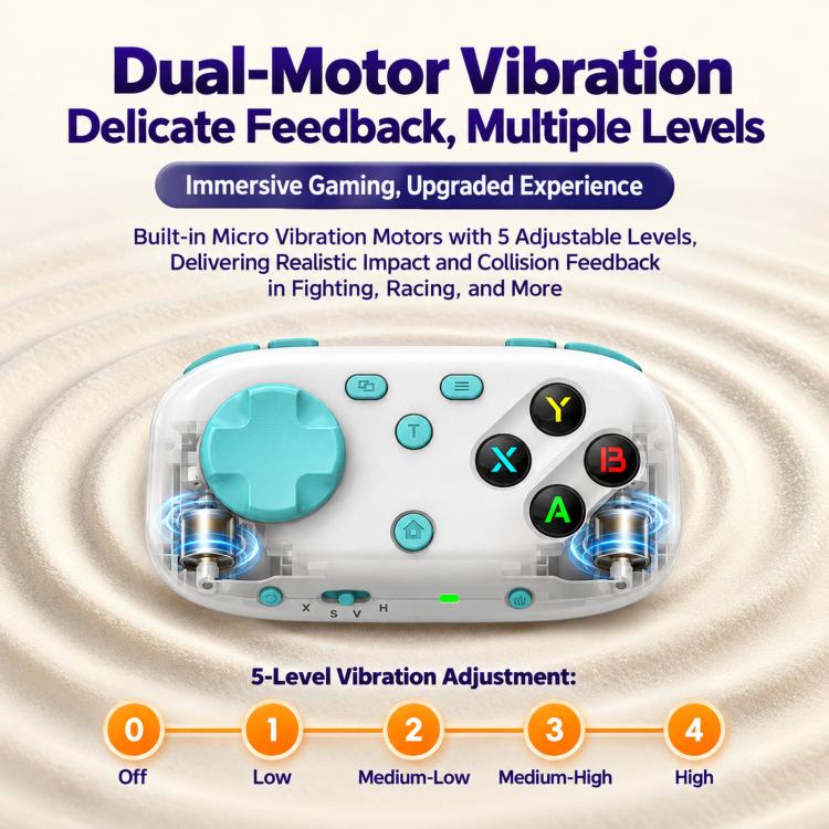White mini pocket Bluetooth game controller with dual vibration design and turquoise controls