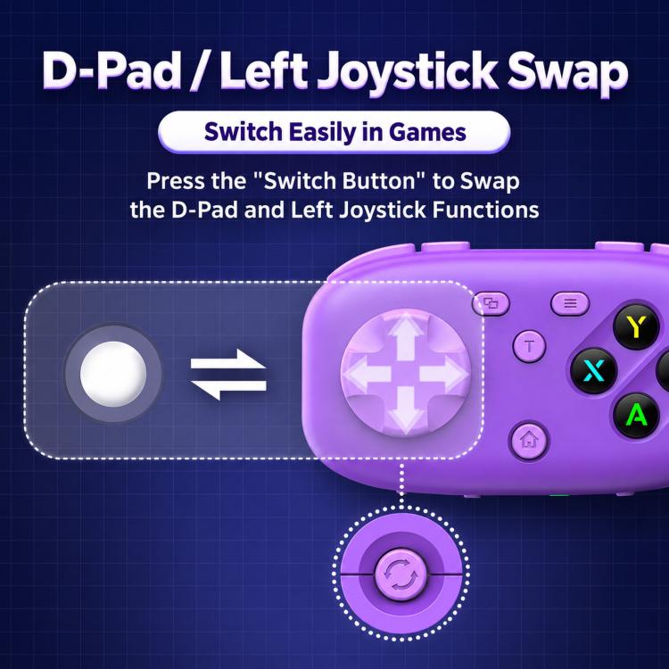 Purple mini pocket Bluetooth game controller with directional pad and left joystick swap buttons