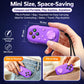 Purple mini pocket Bluetooth game controller in hand, compact with analog sticks and face buttons